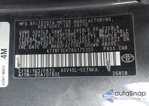 2011 Toyota Camry Le z USA, uszkodzony, nr VIN 4T1BF3EK7BU175355
